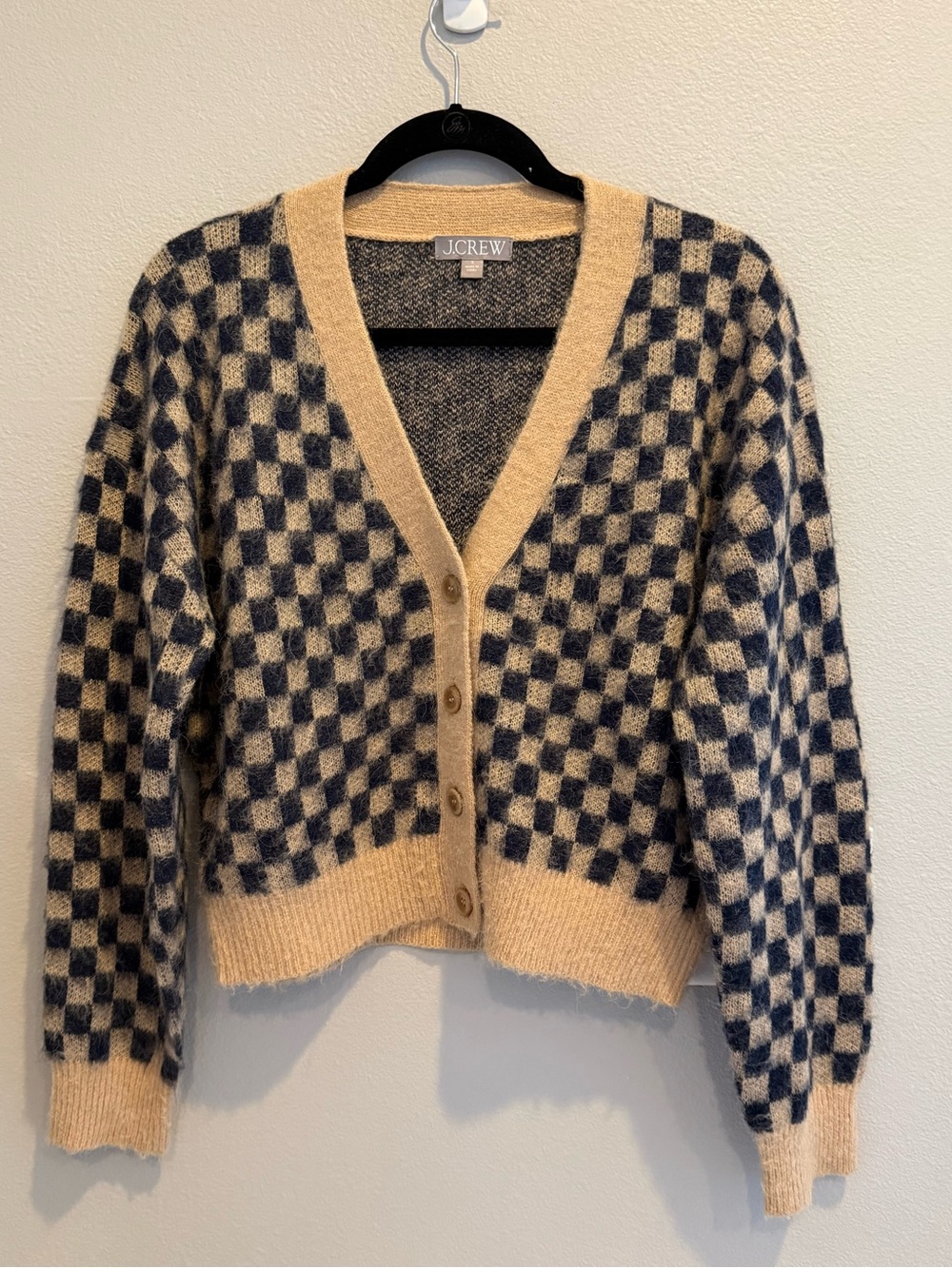 J. Crew Beige and Black Checkered V‑Neck Button Cardigan